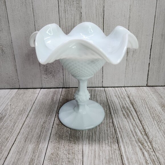 Vtg Light Blue Tone Milk Glass Compote Candy Dish Hobnail Ruffled Pedestal 6'' - Picture 2 of 8